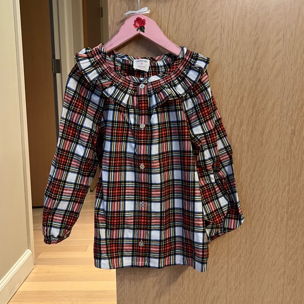 Jcrew Girls flannel plaid button front shirt with ruffle collar